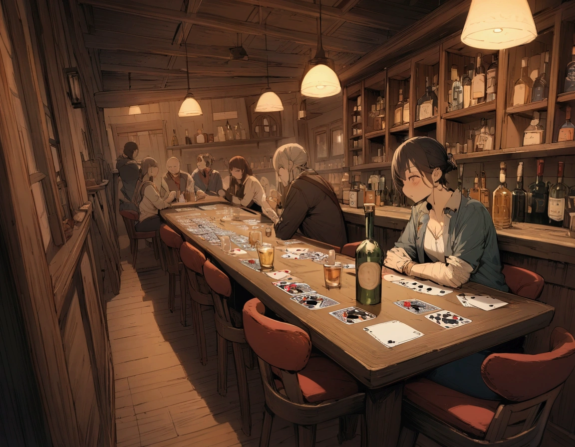 ((((masterpiece, Highest quality, High resolution)))),High detail, manga,anime,Illustration Style,Dark and calm night colors,Arranged playing cards,ポーカーをするためのpub,Game fantasy world view,Extremely detailed 8K, High detail, pub,Table at the liquor store,Devoid of humans,A table with playing cards,