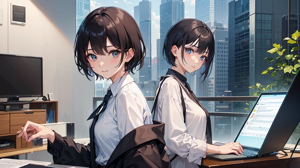 (beautiful eyes finely detailed、Face to detail、masterpiece sidelighting、masterpiece、top-quality、detaileds、High resolution illustration)、((Note PC:1.2)), ((Scene、1 persons)), (jpn、TOKYOcty、modern day、large company、A room in a high-rise building、wide angles、s Office)、,(You are using a laptop、desk work)(rcasual、Black collarless shirt、long-sleeve、adult lady)、(1 persons、adult-like、Female around 25 years old) ,(1girl in,The upper part of the body、from waist up、Esbian,frontage、Beautuful Women,luslous skin、see the beholder、A smile), (Short hair、Brown-eyed、)、