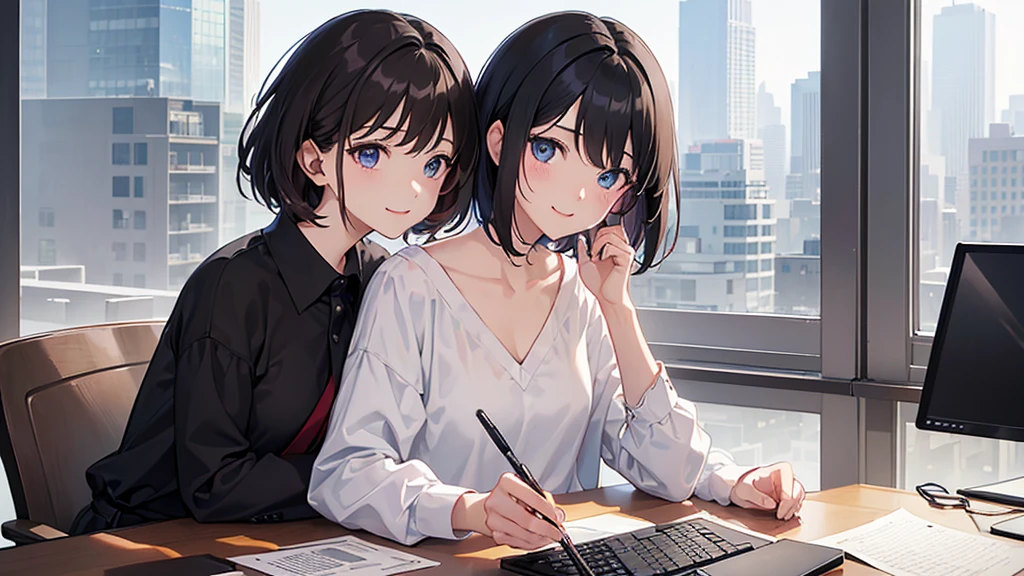 (beautiful eyes finely detailed、Face to detail、masterpiece sidelighting、masterpiece、top-quality、detaileds、High resolution illustration)、((Note PC:1.2)), ((Scene、1 persons)), (jpn、TOKYOcty、modern day、large company、A room in a high-rise building、wide angles、s Office)、,(You are using a laptop、desk work)(rcasual、Black collarless shirt、long-sleeve、adult lady)、(1 persons、adult-like、Female around 25 years old) ,(1girl in,The upper part of the body、from waist up、Esbian,frontage、Beautuful Women,luslous skin、see the beholder、A smile), (Short hair、Brown-eyed、)、
