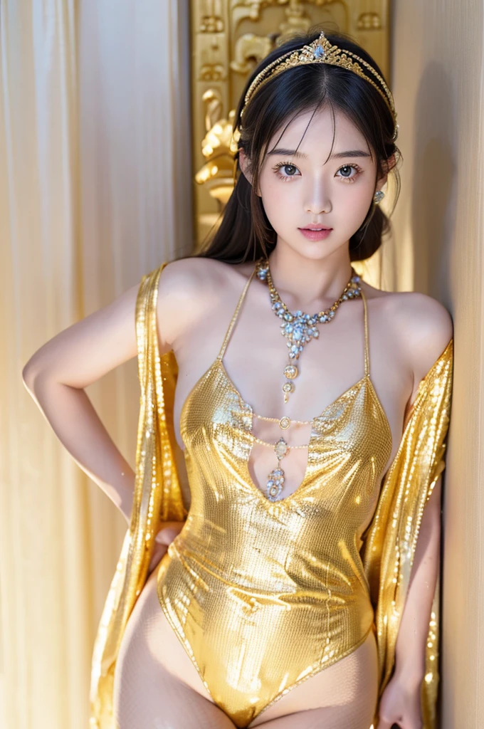 Japanese cute girl dressed as Kannon Bodhisattva, Buddha Statue, (wearing a golden leotard), (wearing white fishnet stockings), wearing a small treasure crown on her head, Golden Transparent Fluttering Robes, walls with golden patterns, very young girl, twin tail hair, white skin, standing, (facing straight ahead), hands clasped in front of the chest, (((realistic))), (((High resolution)))