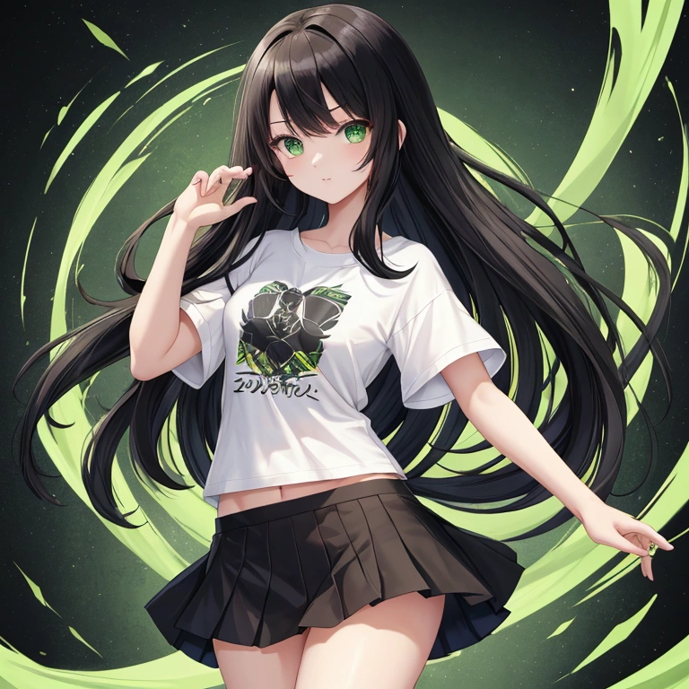 Black hair, green eyes、long hair、T-Shirts、Ultra mini skirt