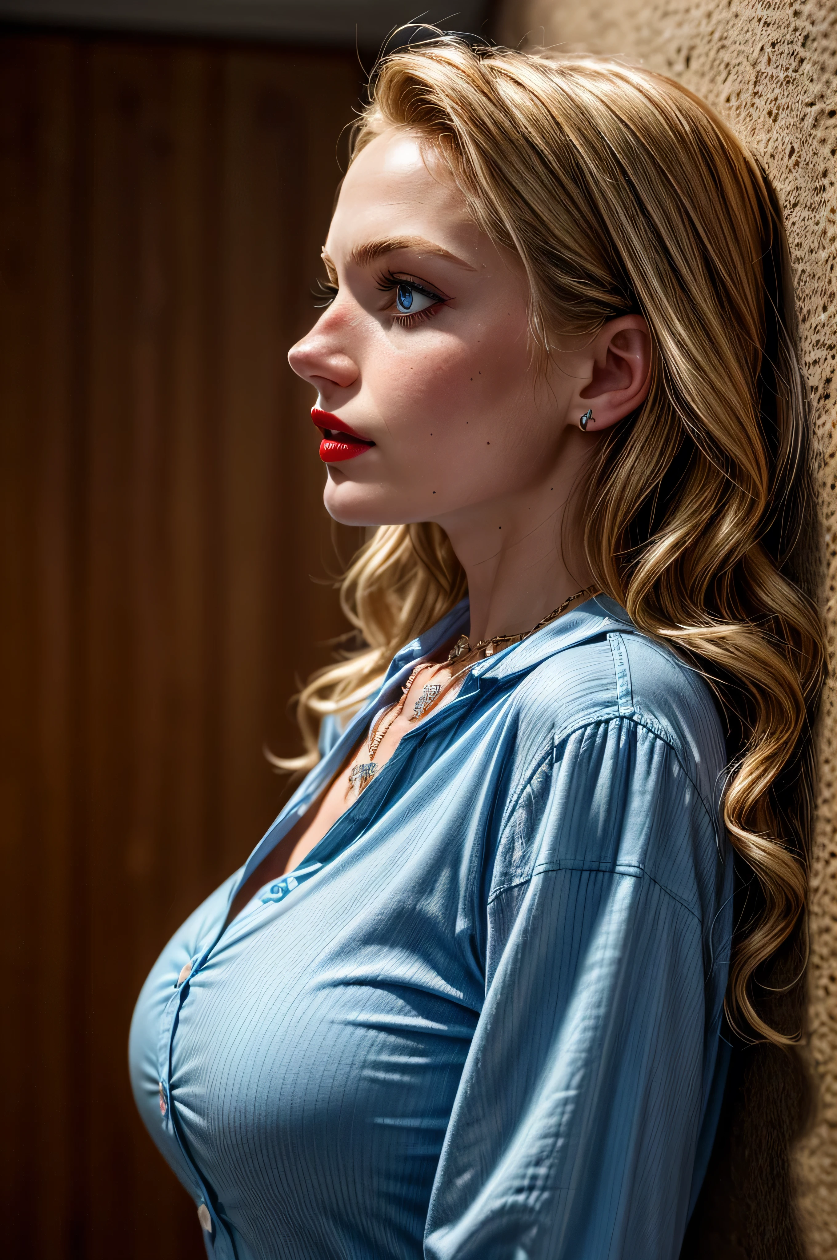 (masterpiece, photorealistic:1.4, extremely intricate:1.3), (photon mapping, radiosity, physically based rendering, ultra resolution, hyper-realistic, photorealistic:1.4, hyper-realistic, 8K), ((((19year teenage (closeup protrait girl), chest, [supermodel:bodybuilder:0.6], wide eyes, long lashes, [large breasts:medium breasts:0.4]), long curly cascade ([bright red hair:blonde hair:0.3])), [makeup:freckles:0.8], red lips, necklaces), clear blue eyes), smirking, gasp, BREAK, ((indoor, bedroom, tan walls, soft cinematic, ambient shadow, ((loose black men's shirt unbuttoned), side view:0.3, looking away)))
