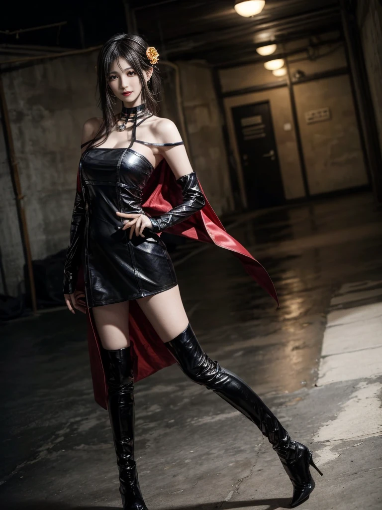 (Highest quality, 4K, masterpiece :1.3), Beautiful woman, Surreal, 1 girl,),Ajolf, Side Lock,Short hair and long straight hair, Gold Hair Band, Gold earrings, Gold Hair Ornament, Big Breasts, Exposing shoulders, Black Dress, Double-sided dress with red rose cape, choker, Thigh-high boots, , Fingerless gloves, Thigh-high boots,Slender beauty, (Huge breasts, Attractive body :1.2), Abdominal exercises :1.1, Long black hair 1.1, Highly detailed face, Lip details, Beautiful Eyes, double eyelid, Sexy low neck dress, Open neckline, Twisting waist pose, Visible curves,Muscular, Bent legs, Yugal, masterpiece, Highest quality, High resolution, aaYugalf,Cowboy Shot, Are standing, Looking at the audience, Outdoor, night, (Perfect Anatomy:1.Big Ass, jewelry, Off the shoulder, Black Pantyhose, Cute Smile, Beautiful and bright lighting, Beautiful breasts,Place your hands behind your back,