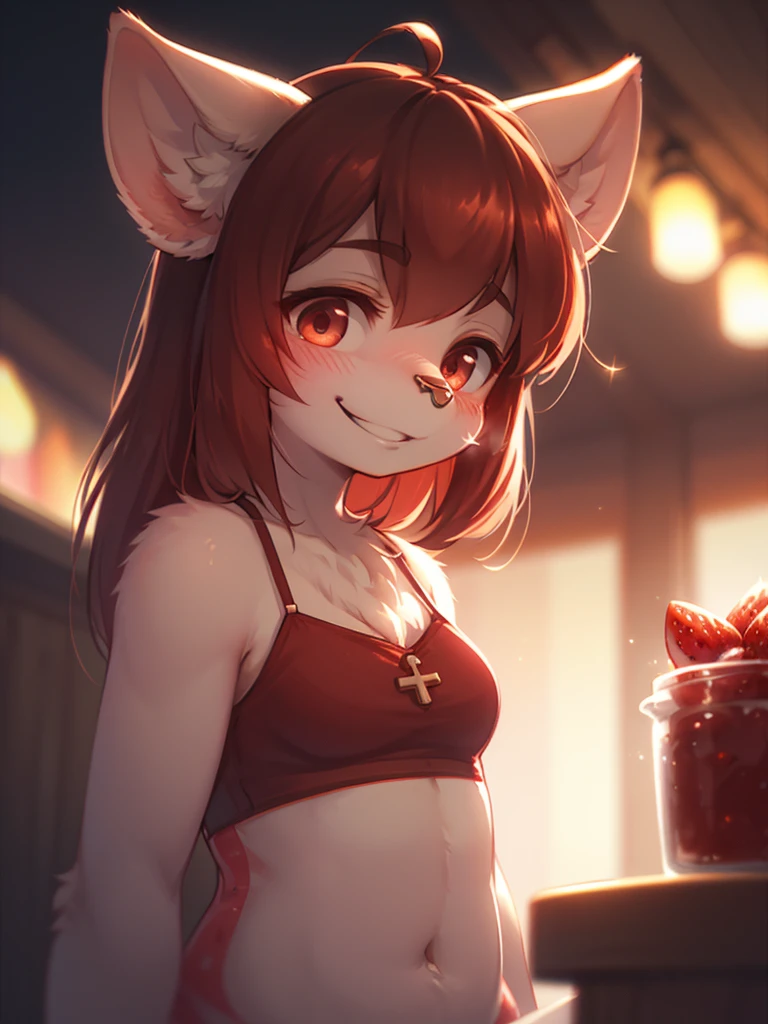 (Sumilux f1.4 50mm , low Latitude old color negative film , cross process , bokeh, flare, chromatic aberration , soft focus, (Shallow focus) , soft glow , Maximum aperture, low Key , Transparent depiction) , horror style , coquettish , furry Dairy cow mom , short camisole , (Strawberry jam splashes) , (Blank look , creepy smile) , Menstruation , Menstrual blood , Palpitations , Nose ring