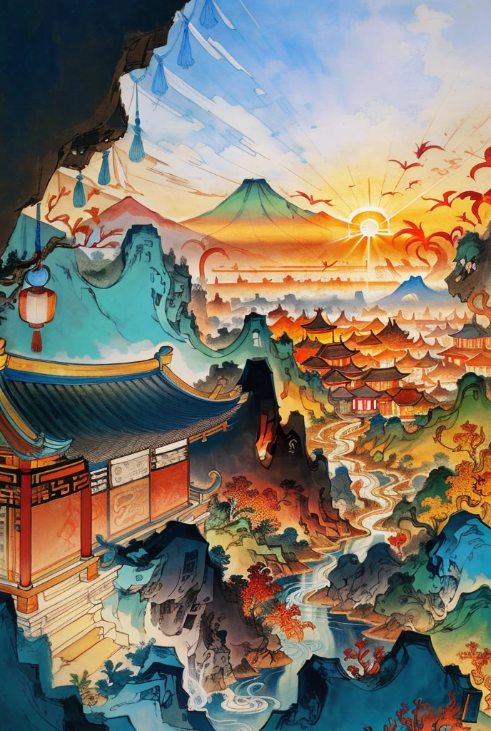 Ancient Chinese landscapes, ancient buildings, pavilions, carved beams and painted buildings, beautiful mountains and rivers, inspired by Jin Yong martial arts, sunlight, ink painting style, clean colors, decisive cutting, blank space, freehand, masterpiece, super detailed, epic composition, high quality , highest quality, pixar style, oversaturated, surreal, artgerm --v 6