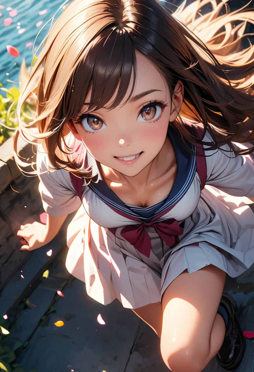 Highest quality, Great quality, 16K, Unbelievably absurd, Very detailed, delicate and dynamic, Natural light, The particles reflect light, Diffuse reflection of light, Many rainbow-colored petals fall, Sparkling Sun, Diffuse reflection of light, Create amazing image effects, anime style:0.9, photorealistic, Bright colors, Depth of the bounds written, blurred background, alone, 1 girl, ( long hair, asymmetrical bangs, dark brown eyes), beautiful face details, beautiful eyes, long eyelashes, soft lips, (small face), smile, open your legs, squat, spread legs, upper glance, from above