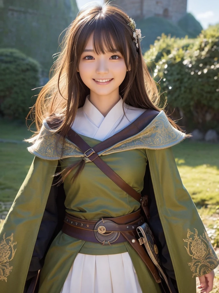 a 20 years old japanese girl,detailed cutie face, beautiful detailed eyes, detailed dropped eyes, left and right eyes are equal,beautiful charming big smile, extremely detailed face,slender body,dragonquest sage,fantasy,medieval,magic,medieval fantasy,fantasy landscape,fantasy art,digital painting,cinematic lighting,vibrant colors,dramatic lighting,realistic,photorealistic,masterpiece,4k,best quality