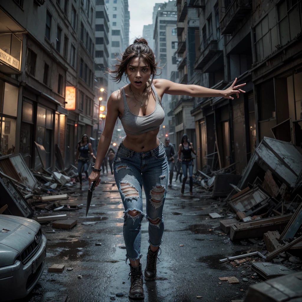 brown woman , running away from several zombies ,in the middle of a destroyed city , survival , ripped jeans jeans , knife in the hand