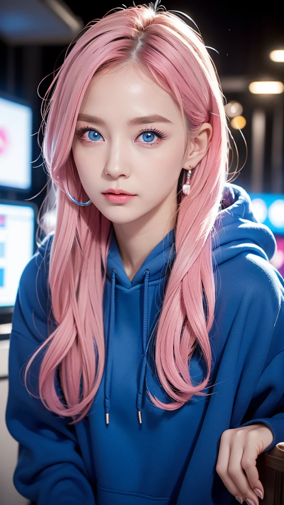 mika pikazo, 1girl, blue eyes, blue hoodie, computer, earrings, hood, hoodie, jewelry, keyboard (computer), logo, logo parody, mouse (computer), multicolored eyes, pink hair, recycle bin, solo, yellow eyes, city street