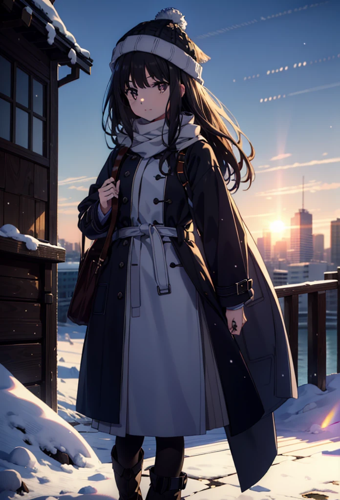 Takiuchikami,Long Hair, bangs, Black Hair, (Purple eyes:1.2),happy smile, smile, Open your mouth,Knitted hat,Long coat,White Sweater,White scarf,Long skirt,Black pantyhose,short boots,snowが積もっている,snowが降っている,winter,Cold Sky,night,moonlight,snow,snow,snow,snow,whole bodyがイラストに入るように,Walking,
break looking at viewer, whole body, 
break outdoors, city,construction area,
break (masterpiece:1.2), Highest quality, High resolution, unity 8k wallpaper, (figure:0.8), (Beautiful attention to detail:1.6), Highly detailed face, Perfect lighting, Highly detailed CG, (Perfect hands, Perfect Anatomy),