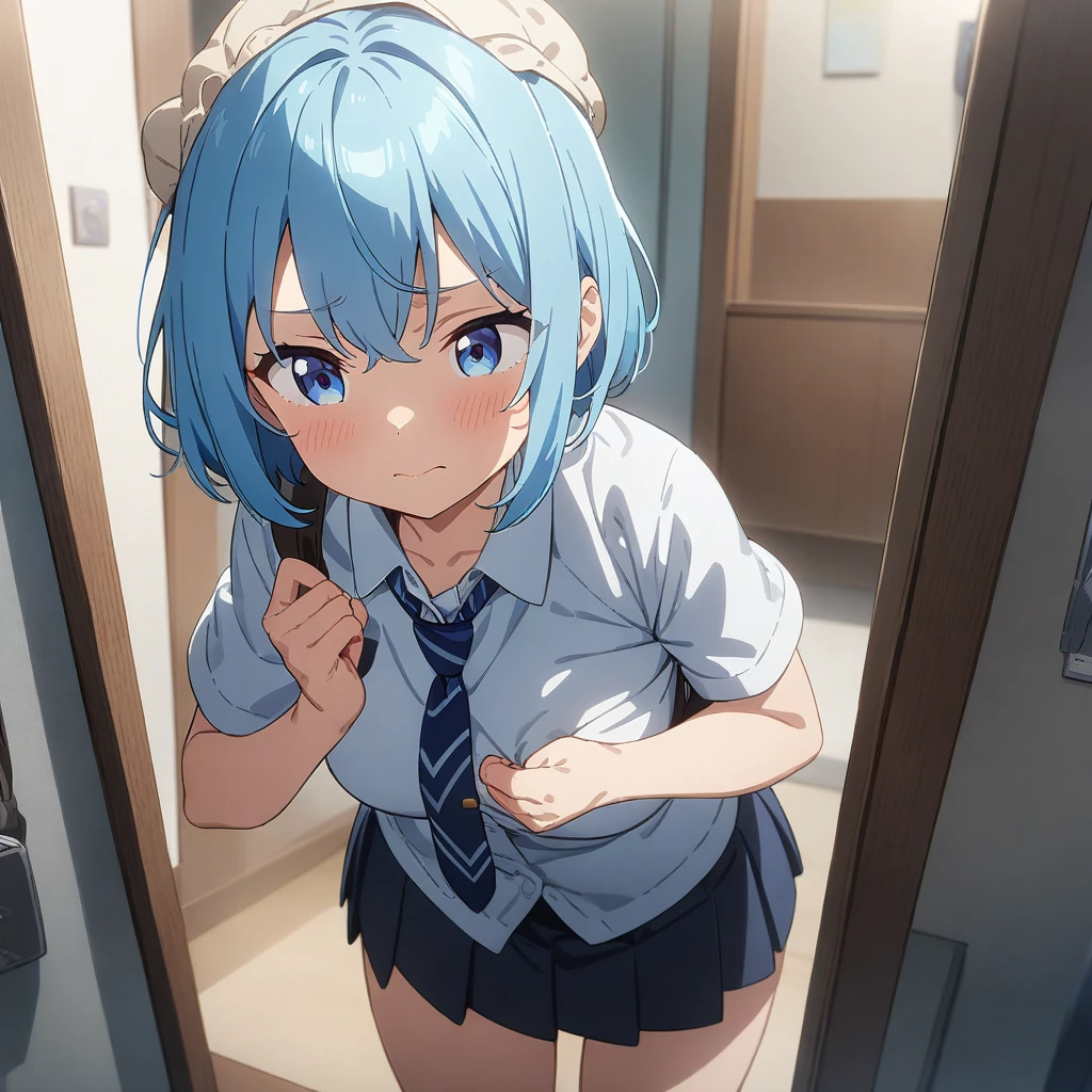 1 girl, ((naked)), you work you lose, clothes, writing, sitting chair, interior, living room, bare legs, AquaXL, sleepy, yawning, blue hair masterpiece, best quality