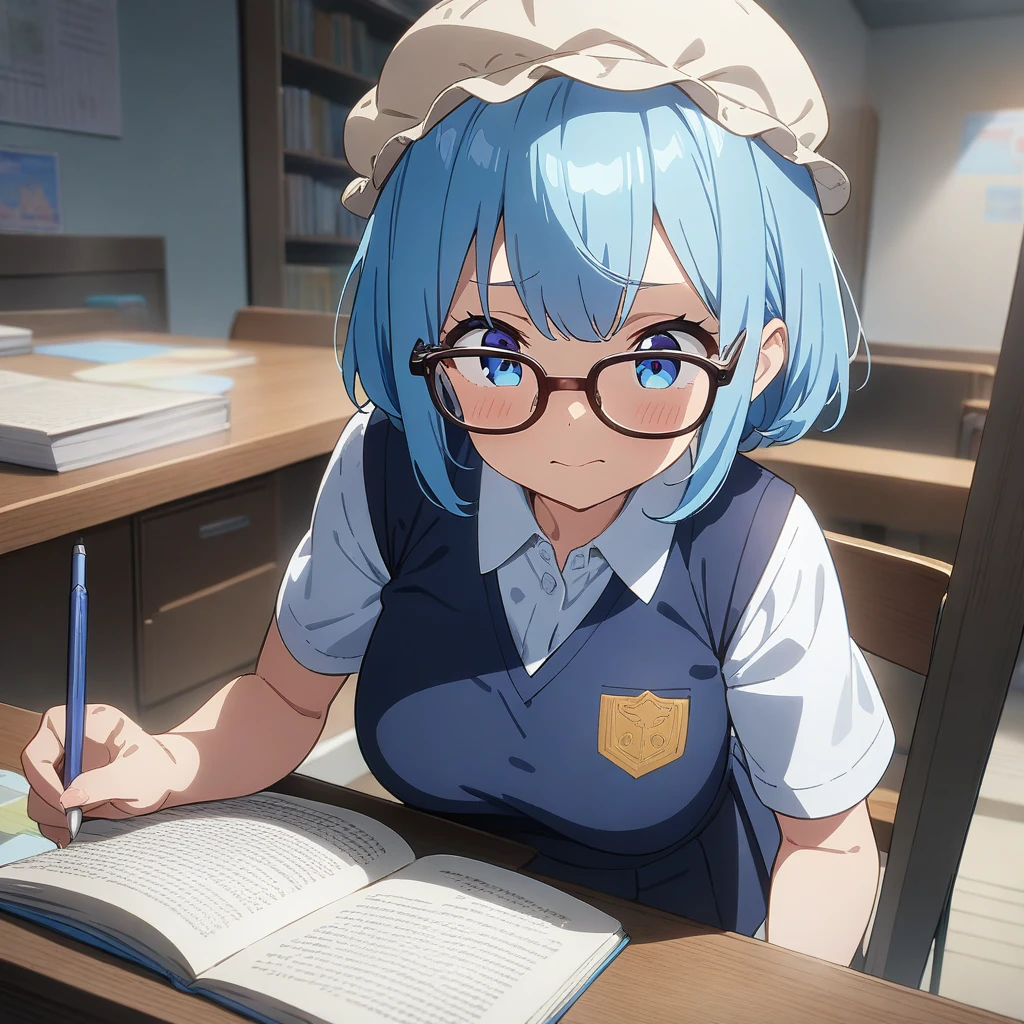 Anime girl with blue hair and glasses sitting at a desk writing - SeaArt AI