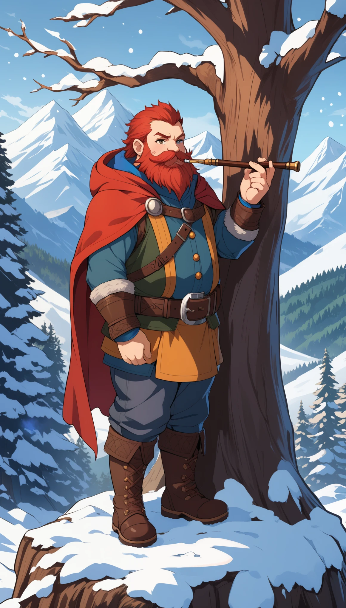 (1man, male, solo), (Dwarf:1.5), (short body, small Height, strong body:1.5), (calm face expression), (short red hair, face hair, beard, Braided Moustache),
(Dungeons and Dragons, character), (Hunter), (seating on the tree trunk),
(leather boots, leather jacket, simple shirt, cape with hood), (holding object, holding smoking pipe, smoking),
(mountains, snow forest, camfire background),
8K, RAW, best quality, ((masterpiece, best quality)), ultra high res, colorful, (medium wide shot), full body, (dynamic perspective), sharp focus, (depth of field, bokeh:1.3), extremely detailed eyes and face, beautiful detailed eyes,