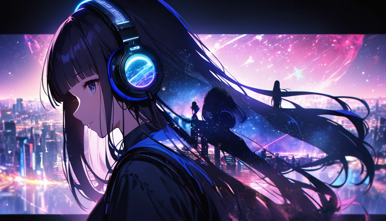 Profile of a woman silhouette.(Long Hair:1.3), Blunt bangs,Starry Sky, (Headphones:1.3), Inside the silhouette you can see the Double exposure with a deep space, universe, Neon Light、Cyber City, masterpiece, ((Double exposure)), Proportion.,Double exposure


