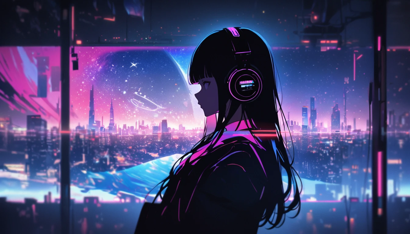 Profile of a woman silhouette.(Long Hair:1.3), Blunt bangs,Starry Sky, (Headphones:1.3), Inside the silhouette you can see the Double exposure with a deep space, universe, Neon Light、Cyber City, masterpiece, ((Double exposure)), Proportion.,Double exposure