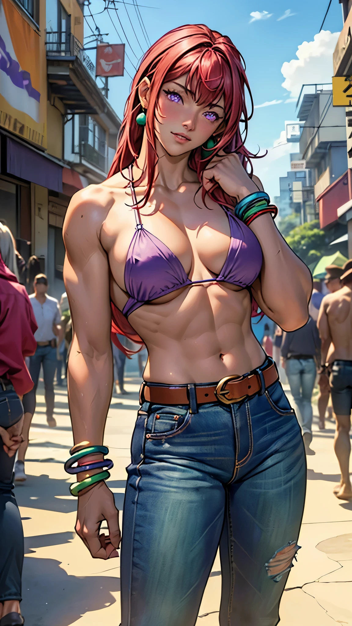 8k, masterpiece, back facing viewer, turning slighly to face viewer, solo, 1girl ((takashirohiroko, slim figure and detailed hands, detailed fingers, detailed eyes, detailed lips, sexy, bangle, bangs, bare shoulders, belt, purple bikini, purple bikini top only, blue sky, bracelet, breasts, purple eyes, cleavage, cloud, cowboy shot, day, denim, round green earrings, floating hair, green belt, purple bikini, groin, unzipped low hipster jeans, g-string, panties, jewelry, large breasts, log pose, long hair, looking at viewer, red hair, pants, sidelocks, sky, standing, (facial expression: having orgasm, blushing, head tilted back)), crowded streets of Rio de Janeiro, many men walking towards woman, nsfw,