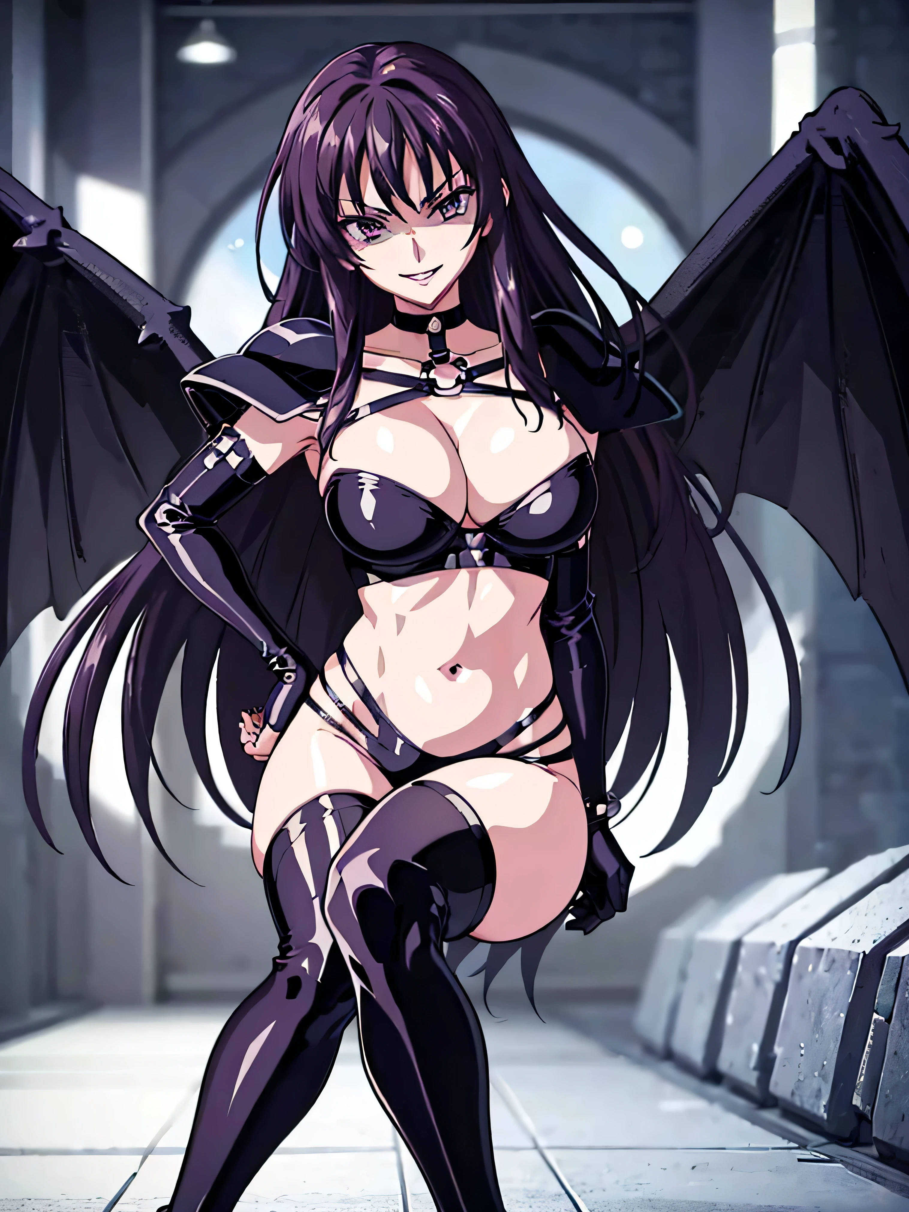 (night:1.7), , , collarbone,choker,black outfit,belly button, Torn_Clothes, Torn_Legwear,rock,collar, Pauldrons, High Leg,boots,Knee socks, purple_eye,,black_hair,very_length_hair,elbow_gloves, 1 girl, 20 years,Mature Woman,beautiful Finger,beautiful length legs,beautiful body,beautiful Nose,beautiful character design, perfect eye, perfect face, looking at the Viewer, (Innocent_big_eye:1.0),smile,to evil_smileface,to evil_face,Grin,View,, collarbone,choker,black outfit,belly button, Torn_Clothes, Torn_Legwear,rock,collar, Pauldrons, High Leg,boots,Knee socks, purple_eye,,black_hair,very_length_hair,elbow_gloves, 1 girl, 20 years,Mature Woman,beautiful Finger,beautiful length legs,beautiful body,beautiful Nose,beautiful character design, ,, looking at the Viewer, ,, ,Official Art,Highly detailed CG Unity 8k wallpaper, Perfect lighting,colorful, , (masterpiece:1.0),(Highest_quality:1.0), 超High resolution,4K,Very detailed, photo shoot, 8k, High resolution, High resolution, Confused:1.2, Kodak Portrait 400, Film Grain, Blurred Background, Bokeh:1.2, Lens flare, (Vibrant_color:1.2) (beautiful,big_chest:1.4), (beautiful_face:1.5),(narrow_Waist),alone,naughty face,(evil huge laugh:1.1),deep shaded face,smile worst,right three spike shoulder pad,,conceit,hand on hip,to evil smirk,latex hands,latex fingers,too evil huge laugh,sadistic smile,deep shaded face,,smile worst,worst ridecule,too evil moukery,,laugh full of malice,,A face full of evil,Too evil ridicule