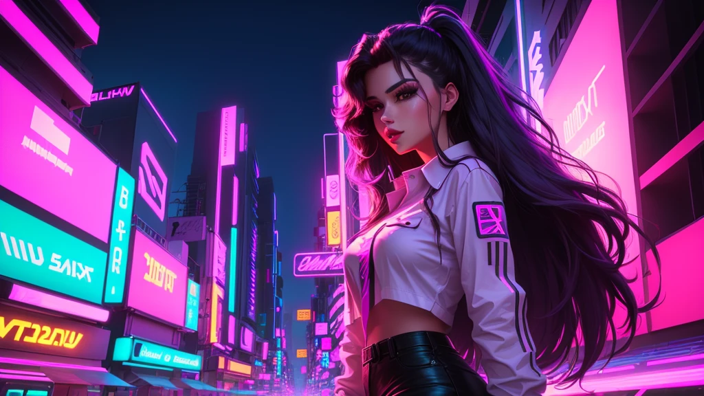 A woman with long hair and a shirt stands in front of a neon street, [ 4 k Synthwave art style ]!!, Synthwave art style ]!!, [ Synthwave art style ]!! ]!!, [ Synthwave art style ]!!, 4K Detailed Digital Art, Synthwave art style, (Synthwave)