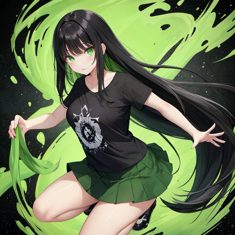 Black hair, green eyes、long hair、T-Shirts、Ultra mini skirt、whole body