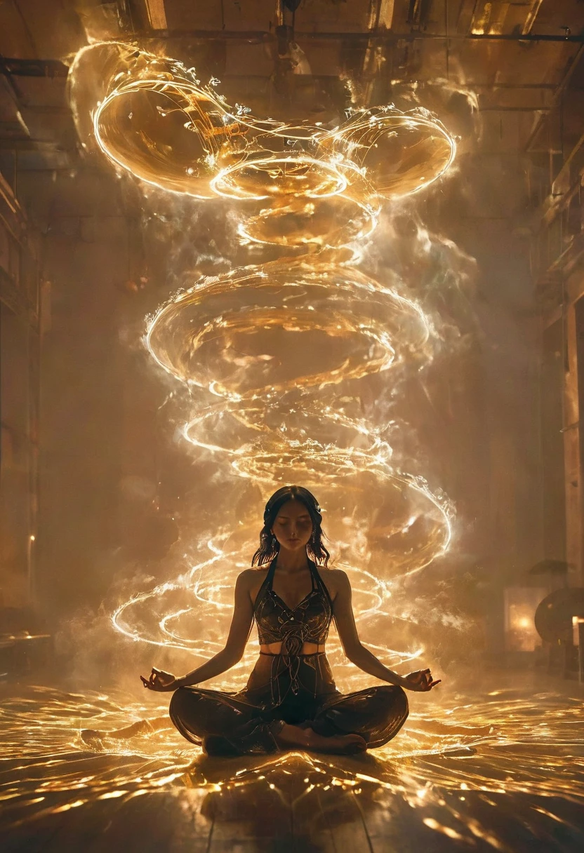 Full body photo of a girl in lotus position，born, Cinematic shots, (Sharp focus:1.5), (Realistic:1.4), dusk lighting, Volumetric lighting, Ultra-high resolution, 16K,Dramatic lighting, Abstract background：1.5）（Tangleた，Datura stramonium，Tangle，Intertwined：0.7）Fox Witch，kitsune mask，Haori, Foxfire spells, Fox family, conversion, Depth of written boundary, A fantastic atmosphere, The most beautiful form of chaos, Elegance, Fauvist Design Dark Theme, flowers of death, flowers of ecstasy，Glowing Lines,Glow Example，Tracking example，flash， Backlight，translucent，Particles of light