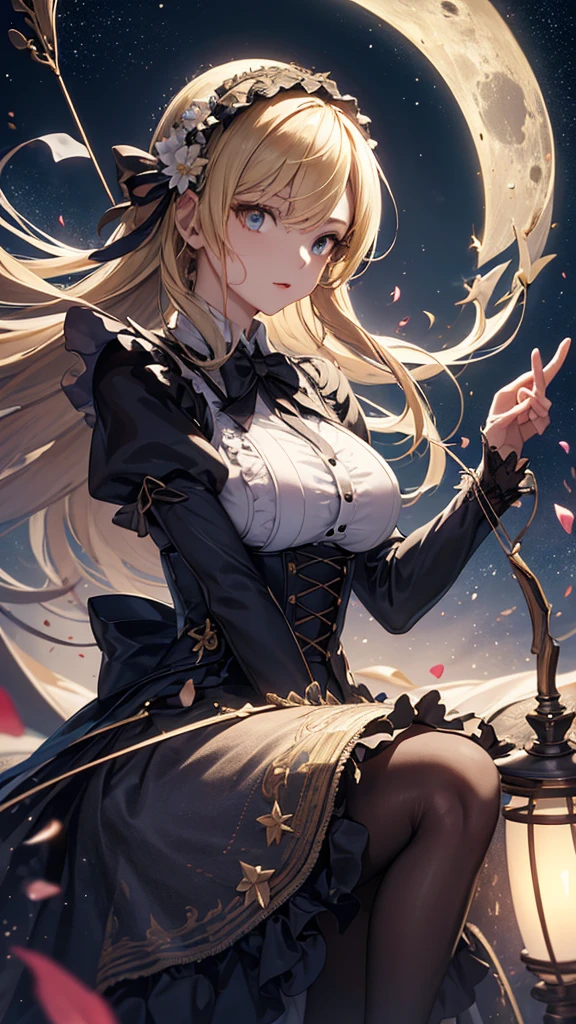masterpiece, high quality, 4K, Beautiful design, silhouette，blonde， 非常に詳細な夜のStarry Sky,Flower Field， wonderful, Finer details,  Very knowledgeable woman, Highly detailed solo, 1 female,Big Breasts，Gothic Lolita Fashion，Readying a bow and arrow.，Night view，Starry Sky，full moon，