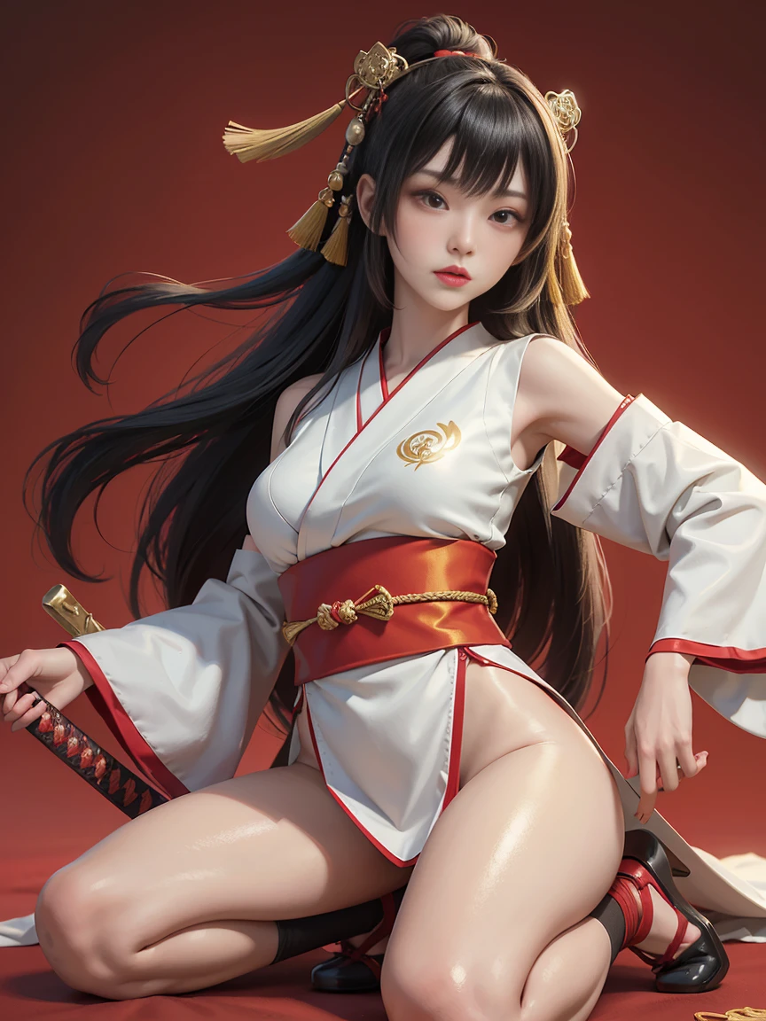 Ultra-realistic full-body Asian woman: long mint hair, bangs, pale skin. Red kimono, dynamic pose, mesh leg. Golden obi with hexagonal emblem. Ornate katana with tassels. Frontal, full body. Flat background. Soft, even lighting. Sharp lines, bold colors. Sensual, confident mood. High-resolution details on fabric, sword, and face. Blend traditional Japanese and realistic. 32K.