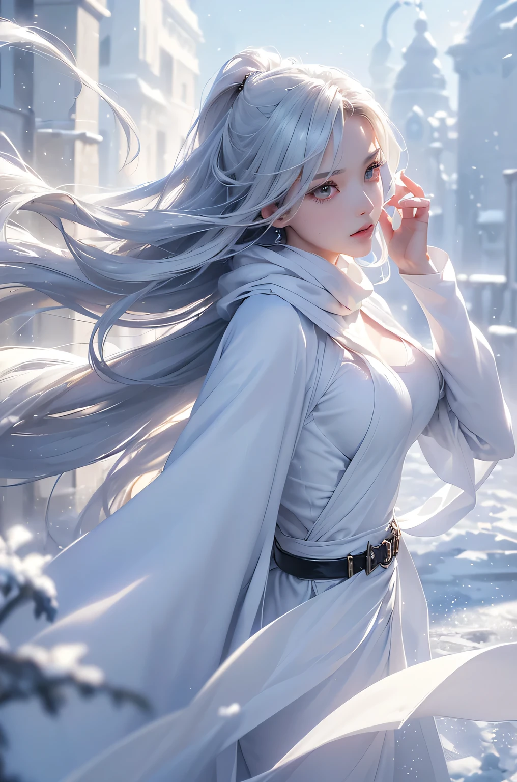 ((masterpiece:1.5、8k、Portraiture、Photorealistic and very detailed CG、Very detailed、Particle Effects、Dynamic Effects、Shallow depth of field、Cinematic Light、Lens flare、Ray Tracing、Tabletop、Realistic:1.4、Ultra-high resolution:1.2、Realistic、Realistic))((alone、,A woman wearing a cashmere coat over an off-the-shoulder dress:1.4、wear a long scarf、White Belt、coat、Elegant woman posing、Detailed face、brightexpression、young, bright, Whiter skin、Ample breasts、Best Looks、Ultimate beauty、Shiny silver hair with highlights、bright and shiny hair,、Super long, Silky straight hair、Hair dancing in the wind))(morning、outdoors, winter, snow falling)
