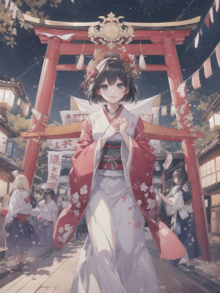 Highest quality, shape, Very detailed, finely, High resolution, 8k wallpaper, 完璧なダイナミックな構shape, finelyて美しい目,Bob Hair, Center of chest, Natural color lip, A shy smile,20-year-old girl、Moe sleeves、Dharma、Japanese Festivals、Tengu、Starry sky in the sky、Standing in the center of the festival、Mikoshi in the background、