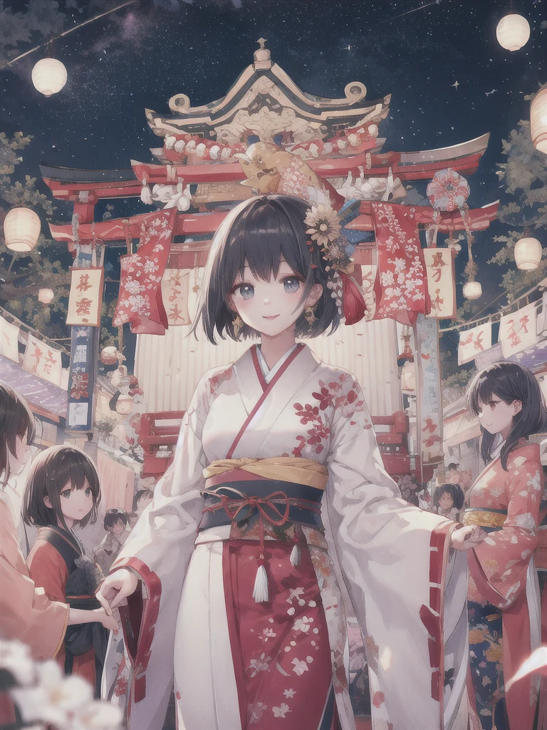 Highest quality, shape, Very detailed, finely, High resolution, 8k wallpaper, 完璧なダイナミックな構shape, finelyて美しい目,Bob Hair, Center of chest, Natural color lip, A shy smile,20-year-old girl、Moe sleeves、Dharma、Japanese Festivals、Tengu、Starry sky in the sky、Standing in the center of the festival、Mikoshi in the background、