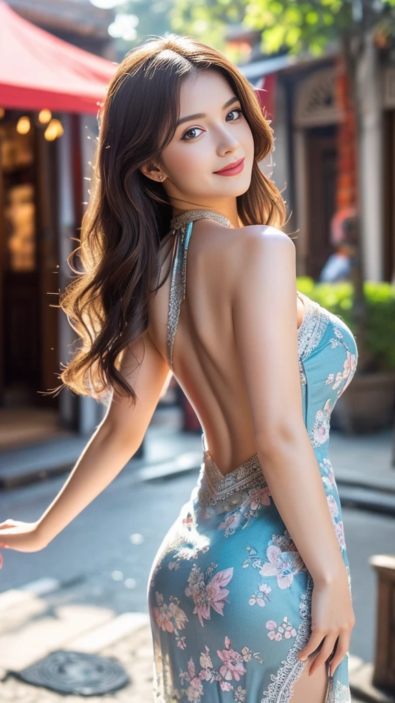 (masutepiece, Best Quality), ultra-detailliert, Photorealsitic,
masterpiece, Russian girl, Russian girl ,ultra realistic,32k,intricate details, sharp focus, realistic, closed, black eyes, jewelr, lips, realistic, looking_at_viewer, wet skin, shiny skin,
chestnut hair,((Intricate pattern halter neck backless maxi dress)), sexy underwear, Stockings, high-heels, a necklace, Lace Accessories, Wavy Hair, Perfect face, Beautiful face, enticing, big gorgeous eyes, I have my mouth wide open, heavy make up, Pink lips, Dark Eye Makeup, Blue eyes, seducting smile, Glamorous body, Big ass, (a park), ((Background French Quarter - Hanoi - Vietnam, grand colonial buildings, The combination of elegant French architecture with the simple beauty of mobile flower stalls is truly enchanting)),