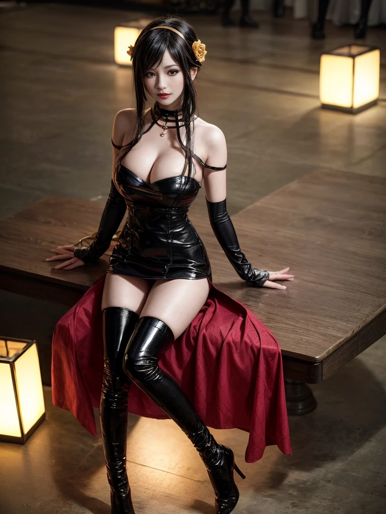 (Highest quality, 4K, masterpiece :1.3), Beautiful woman, Surreal, 1 girl,),Ajolf, Side Lock,Short hair and long straight hair, Gold Hair Band, Gold earrings, Gold Hair Ornament, Big Breasts, Exposing shoulders, Black Dress, Double-sided dress with red rose cape, choker, Thigh-high boots, , Fingerless gloves, Thigh-high boots,Slender beauty, (Huge breasts, Attractive body :1.2), Abdominal exercises :1.1, Long black hair 1.1, Highly detailed face, Lip details, Beautiful Eyes, double eyelid, Sexy low neck dress, Open neckline, Twisting waist pose, Visible curves,Muscular, Bent legs, Yugal, masterpiece, Highest quality, High resolution, aaYugalf,Cowboy Shot, Are standing, Looking at the audience, Outdoor, night, (Perfect Anatomy:1.Big Ass, jewelry, Off the shoulder, Black Pantyhose, Cute Smile, Beautiful and bright lighting, Beautiful breasts,Place your hands behind your back,