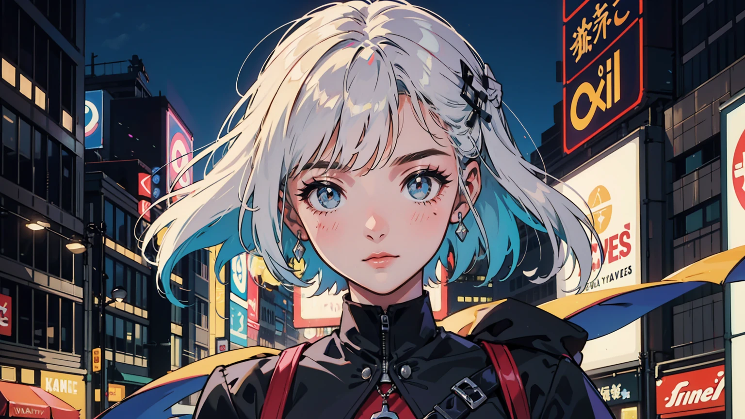 Un après-midi ensoleillé dans un Tokyo rétro-futuriste, une femme de 18 ans avec de longues, les cheveux de couleur pastel portent une veste holographique. Elle se tient à une intersection animée, écouteurs jouant de la pop urbaine. Son regard est fixé sur un distributeur automatique vintage, expression curieuse et nostalgique. Autour d'elle, les voitures volantes zooment au-dessus de nous, Les publicités AR scintillent, et les gratte-ciel écologiques se mêlent à l'architecture traditionnelle. Elle incarne la fusion du passé et du futur dans ce paysage urbain dynamique