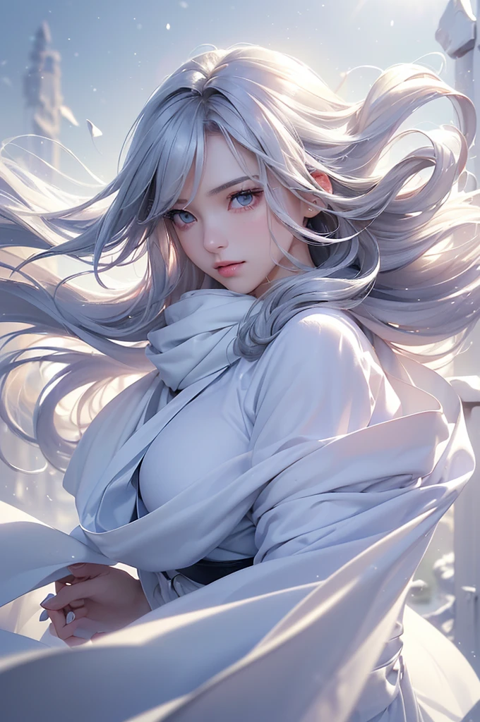 ((masterpiece:1.5、8k、Portraiture、フォトリアリスティックでVery detailedなCG、Very detailed、Particle Effects、Dynamic Effects、Shallow depth of field、Cinematic Light、Lens flare、Ray Tracing、Tabletop、Realistic:1.4、Ultra-high resolution:1.2、Realistic、Realistic))((alone、,オフショルダーのドレスの上にカシミアのcoatを着た女性:1.4、wear a long scarf、White belt、coat、Elegant woman posing、Detailed face、bright表情、young, bright, Whiter skin、Ample breasts、Best Looks、Ultimate beauty、Shiny silver hair with highlights、bright and shiny hair,、Super long, Silky straight hair、Hair dancing in the wind))(morning、outdoors, winter, snow falling)