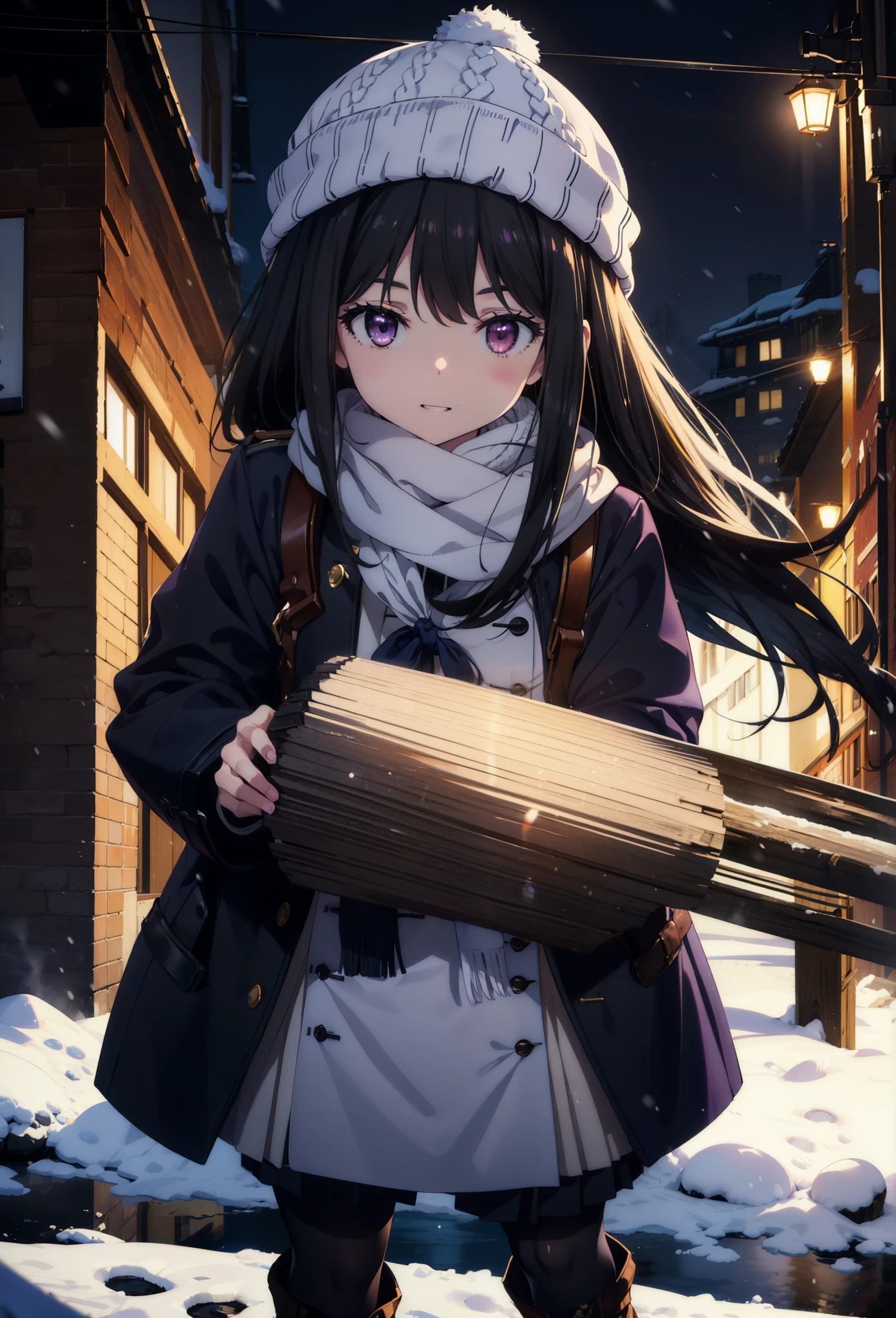 Takiuchikami,Long Hair, bangs, Black Hair, (Purple eyes:1.2),happy smile, smile, Open your mouth,Knitted hat,Long coat,White Sweater,White scarf,Long skirt,Black pantyhose,short boots,snowが積もっている,snowが降っている,winter,Cold Sky,night,moonlight,snow,snow,snow,snow,whole bodyがイラストに入るように,Walking,
break looking at viewer, whole body,
break outdoors, city,construction area,
break (masterpiece:1.2), Highest quality, High resolution, unity 8k wallpaper, (figure:0.8), (Beautiful attention to detail:1.6), Highly detailed face, Perfect lighting, Highly detailed CG, (Perfect hands, Perfect Anatomy),