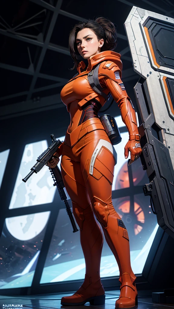 a woman holding a weapon in front of a spaceship, hyperrealistic fantasy art, eternal fatality, female assault soldier, sky planet background, inspired by Jan Victors,  with shotgun in foreground, oriana, grey orange, Dune (2021) --16:9 ratio, 5.1 sound