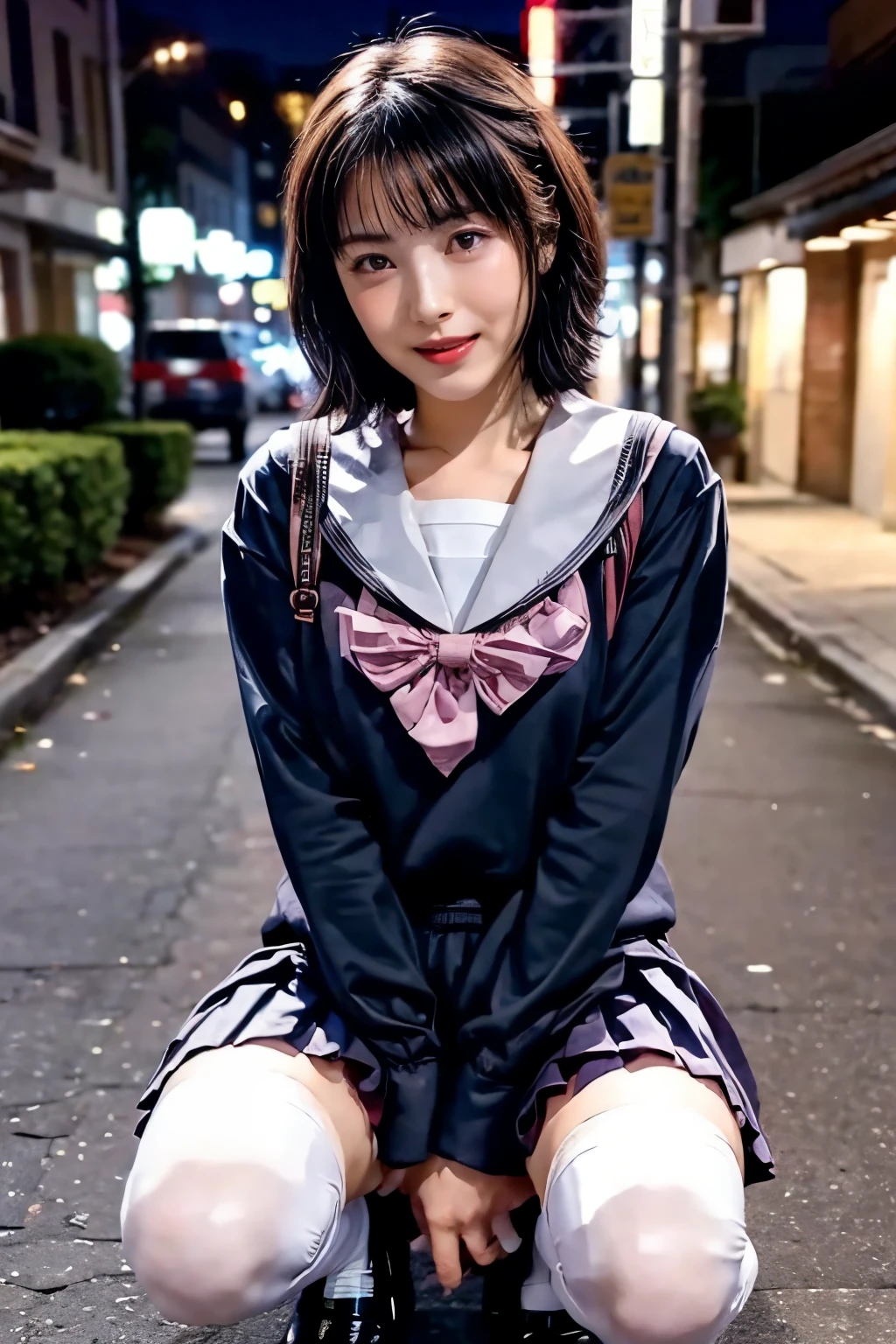 Highest quality, masterpiece, Ultra-high resolution, (reality: 1.4), Original photo, 1 female, mature, Smile, short hair, Plump body, , Cinema Lighting, Exact finger count、Exact number of legs、(Exact number of arms:1.0, Exact number of hands:1.0), (Perfect hands, Perfect Anatomy), Cinematic, reality的, Highly detailed CG, Night lighting, Perfect lighting, Best Shadow, The best natural light, smile, ((A woman shows off her panties:1.3)), (school uniform, sailor uniform, Knee-high socks, loafers, Navy pleated mini skirt:1.3), (Sexy and cute panties), (Stylish shiny satin pink panties:1.2), Side tie panties, Lace panties:1, Feeling embarrassed, (blush:1.2), (Embarrassed expression:1.4), (On the streets of the entertainment district at night:1.3), Angle from the front