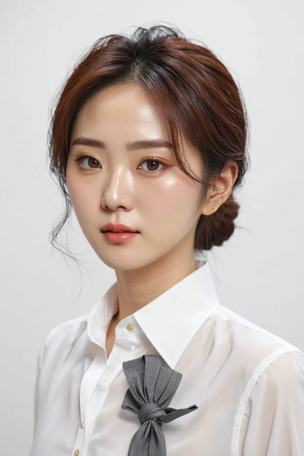 (best quality), photo realistic, 8k, Masterpiece, Portrait: 1.3, photo realistic, hyper realistic, Sharp Focus, looking at viewer, light on face, real texture skin, detailed eyes, detailed face,(Keep your hairstyle the same), cinematic lighting, 8k, UHD, retina, masterpiece, accurate, anatomically correct, textured skin, 28 year old Korean woman, (yeiiow formal_shirt:1.4)