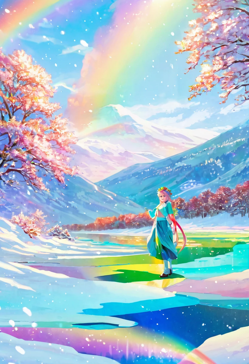 Rainbow haired anime girl wearing a rainbow shirt and flower crown, Snow Scene,Beautiful anime portraits,masterpiece, One Girl, Cloud Girl, cloud, colorful, Transparent body,Sparkling,Lesbians all over,Long skirt,Iridescent tops,虹色のLong skirt,Transparent clothes,River Wings,Rainbow Streamer,16K, Ultra-high resolution, Ultra-high resolution, to be born,wonderful ,future、Iridescent、The world 30 years from now。