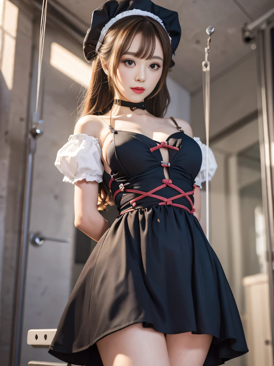 hospital, drape, One Girl, nurse, Black Dress, masterpiece, Highest quality, masterpiece, (Very delicate and beautiful:1.2), Blurred Background, who is watching the audience, One Girl, Yui, Girl Girl, Red lips, Flush, bondage, Bodysuits, shibari, handcuffs, Round 1, (suspension: 1.6), On the chest, Hands tied, Clasp your hands behind your back, Inconspicuous, stoop down, High level of detail, cute, blush, cute, Shiny, charm