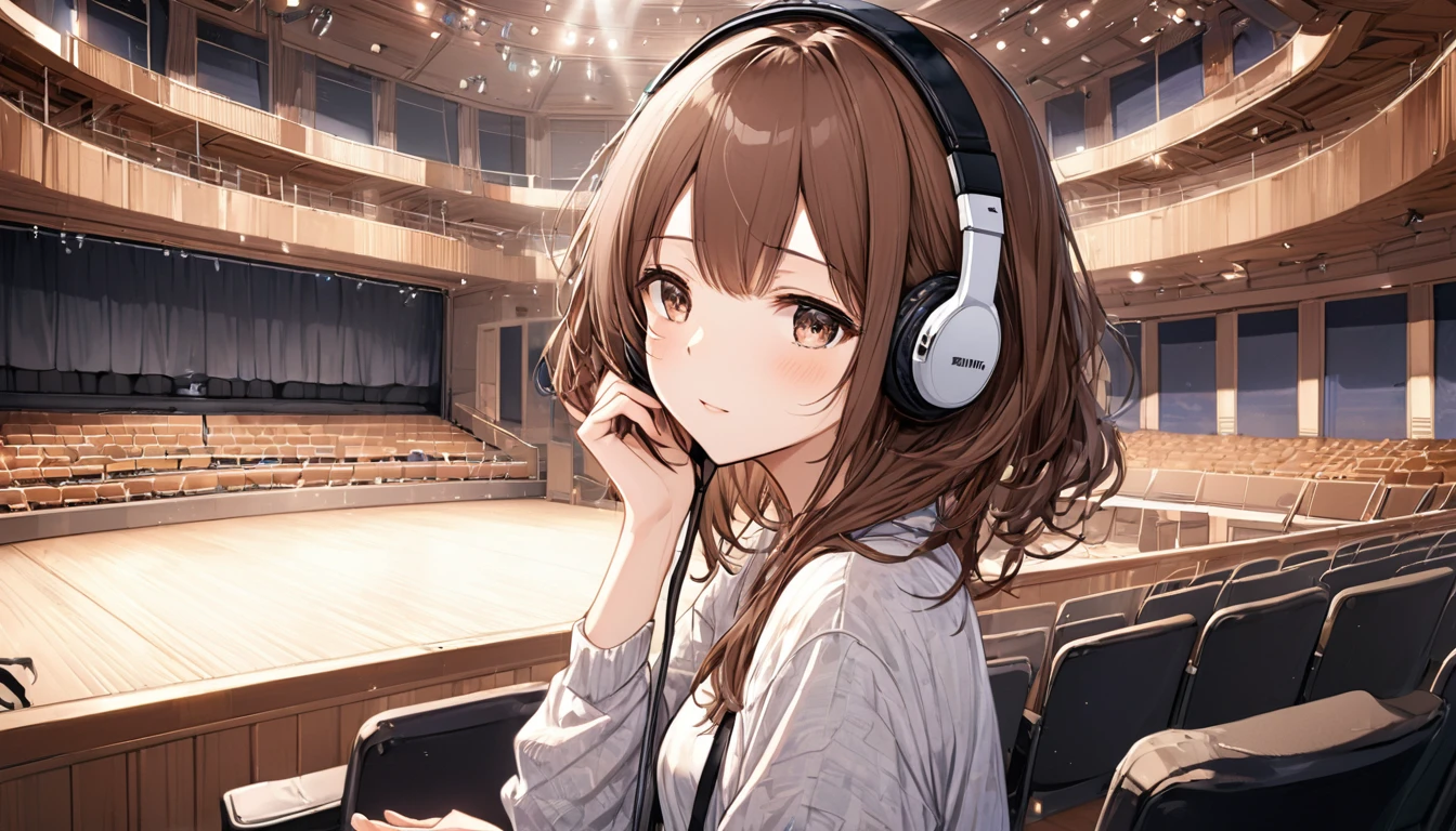 Brown-haired girl wearing headphones、Background of a scene watching a rehearsal in a concert hall：Backstage at the concert hall：Looking at the stage with interest：Casual one piece pose：Relaxing backstage：Quiet time as music preparation progresses
(Detailed fingers), (Emotional), (Breathtakingly beautiful), (main part:1.2 Whole body), (Anime Style), (Very detailed), (超High resolution, High resolution), (8k), (Complex and beautiful: 1.2)
