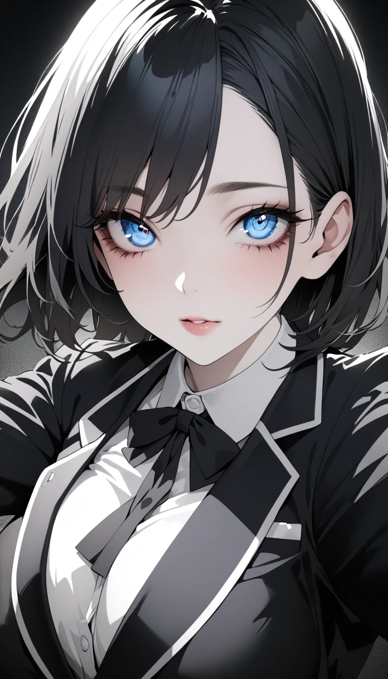 (high quality, 8k, 4K, High Contrast, masterpiece:1.2, 最high quality, Best aesthetics), 1 female, (Realistic skin texture:1.3), (Film Grain:1.3), (Selfie angle, High Angle), Wearing a blazer over her big boobs, (Chest highlights), One Girl, Beautiful and detailed eyes and face, 最high quality, close, Upper Body,