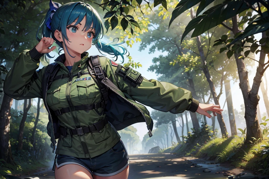 Blue Ponytail、Cool Beauty、Green camouflage military uniform、Green camouflage shorts、Belly button exposed、Big Breasts、Run at full speed、evening、jungle、Highest quality