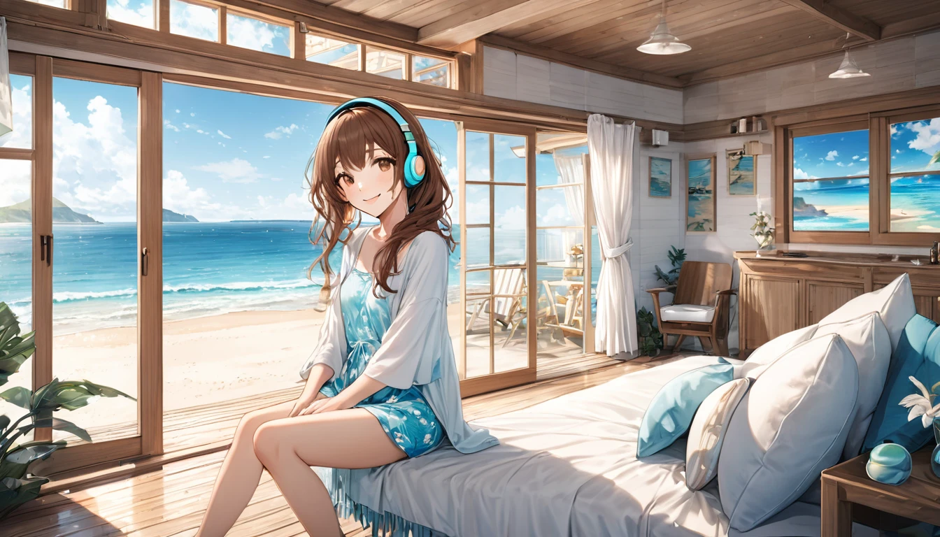 Brown-haired girl wearing headphones、Beach house relaxing scene background:Beach house interior with ocean view:Gentle smile costume:Casual beachwear pose:Sitting by the window in the beach house、Scene looking out to sea:Relaxing at a tranquil beach house
(Detailed fingers), (Emotional), (Breathtakingly beautiful), (main part:1.2 Whole body), (Anime Style), (Very detailed), (超High resolution, High resolution), (8k), (Complex and beautiful: 1.2)