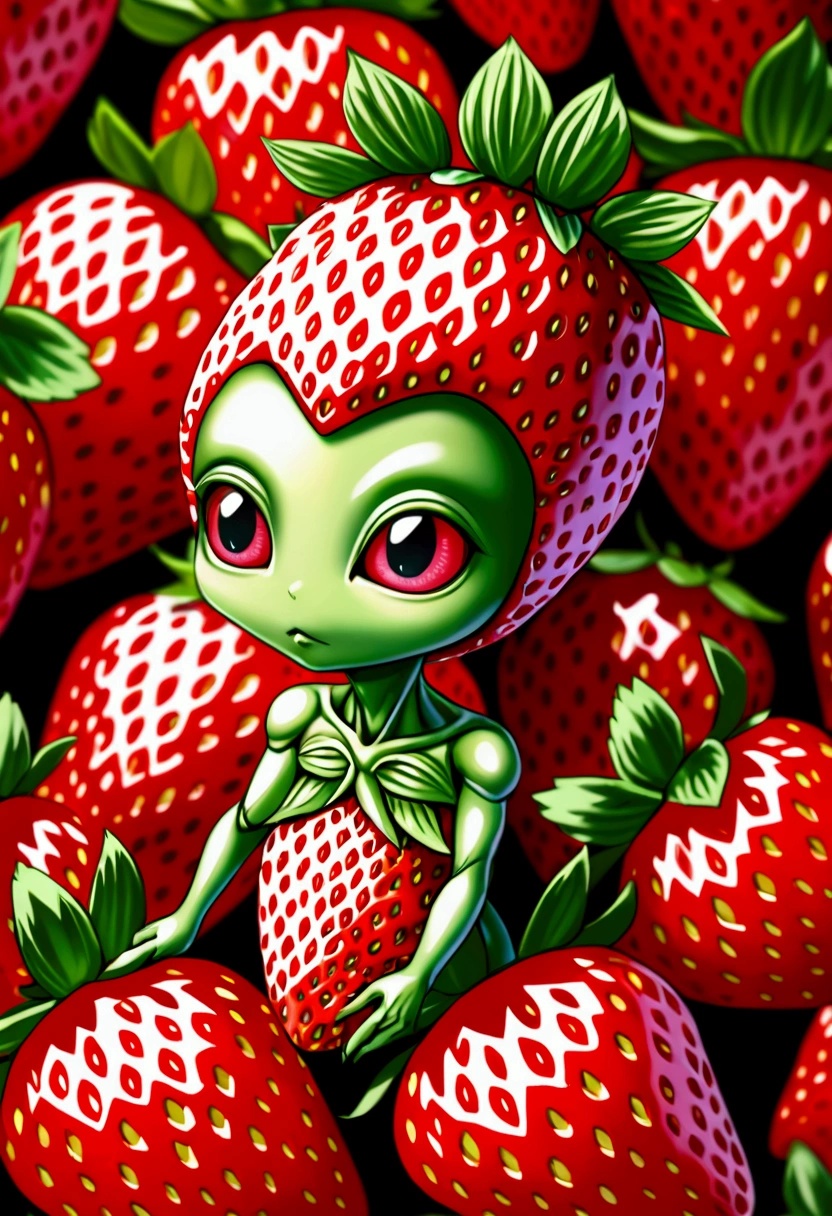 a beautiful strawberry alien with Strawberry-like Chest, wearing a cute dress, extremely detailed face, beautiful eyes, long eyelashes, detailed lips, highly realistic, 8k, masterpiece, photorealistic, intricate details, vivid colors, digital art, ethereal, fantasy, surreal,giga_busty