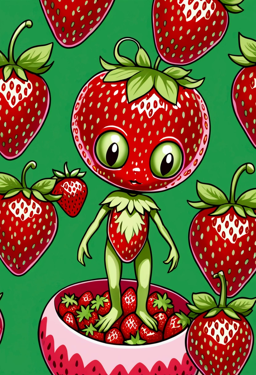 a beautiful strawberry alien with Strawberry-like Chest, wearing a cute dress, extremely detailed face, beautiful eyes, long eyelashes, detailed lips, highly realistic, 8k, masterpiece, photorealistic, intricate details, vivid colors, digital art, ethereal, fantasy, surreal,giga_busty