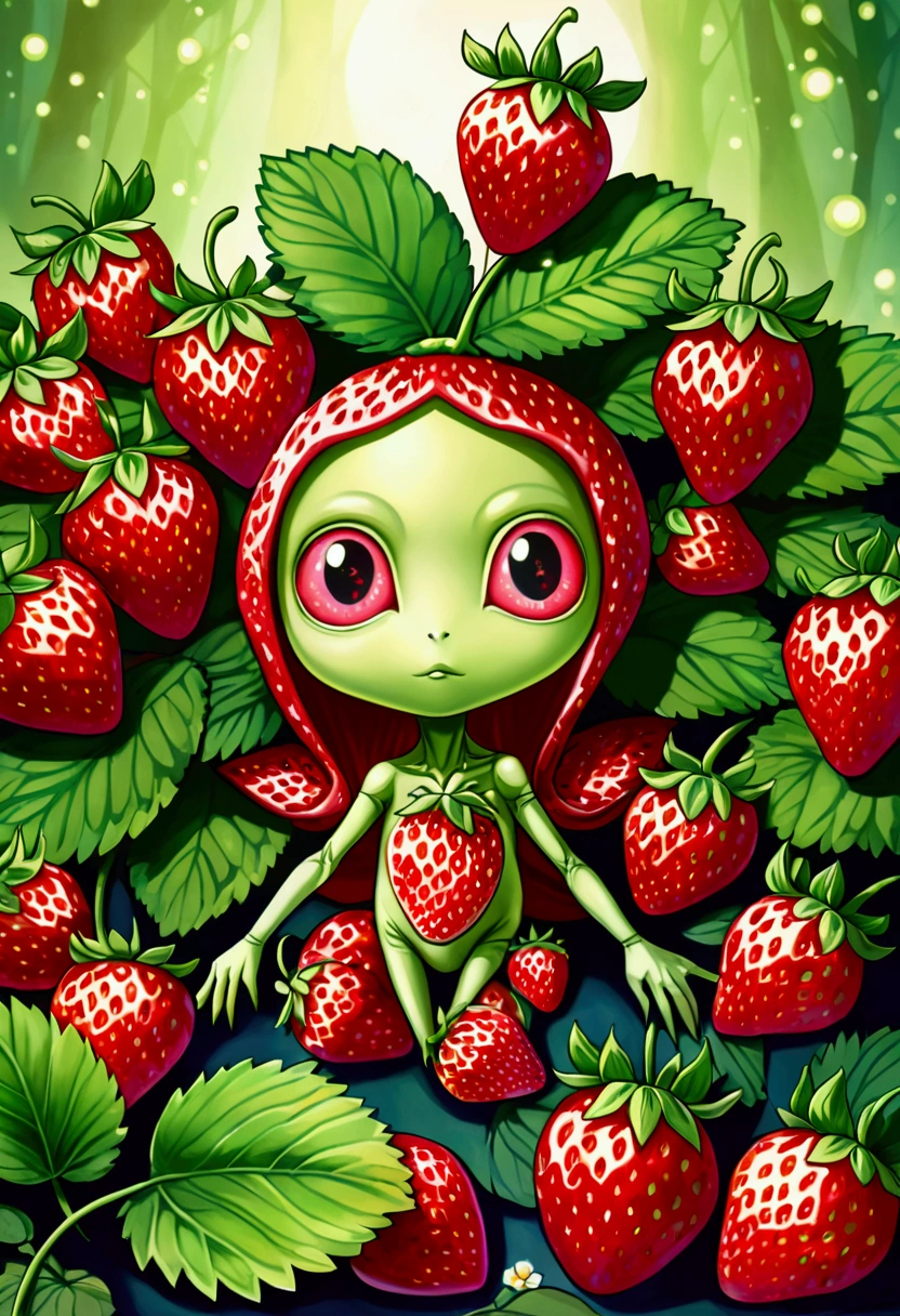 a beautiful strawberry alien with Strawberry-like Chest, wearing a cute dress, extremely detailed face, beautiful eyes, long eyelashes, detailed lips, highly realistic, 8k, masterpiece, photorealistic, intricate details, vivid colors, digital art, ethereal, fantasy, surreal,giga_busty