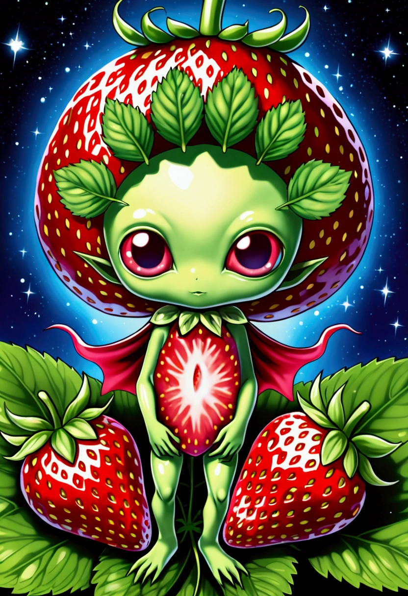 a beautiful strawberry alien with Strawberry-like Chest, wearing a cute dress, extremely detailed face, beautiful eyes, long eyelashes, detailed lips, highly realistic, 8k, masterpiece, photorealistic, intricate details, vivid colors, digital art, ethereal, fantasy, surreal,giga_busty