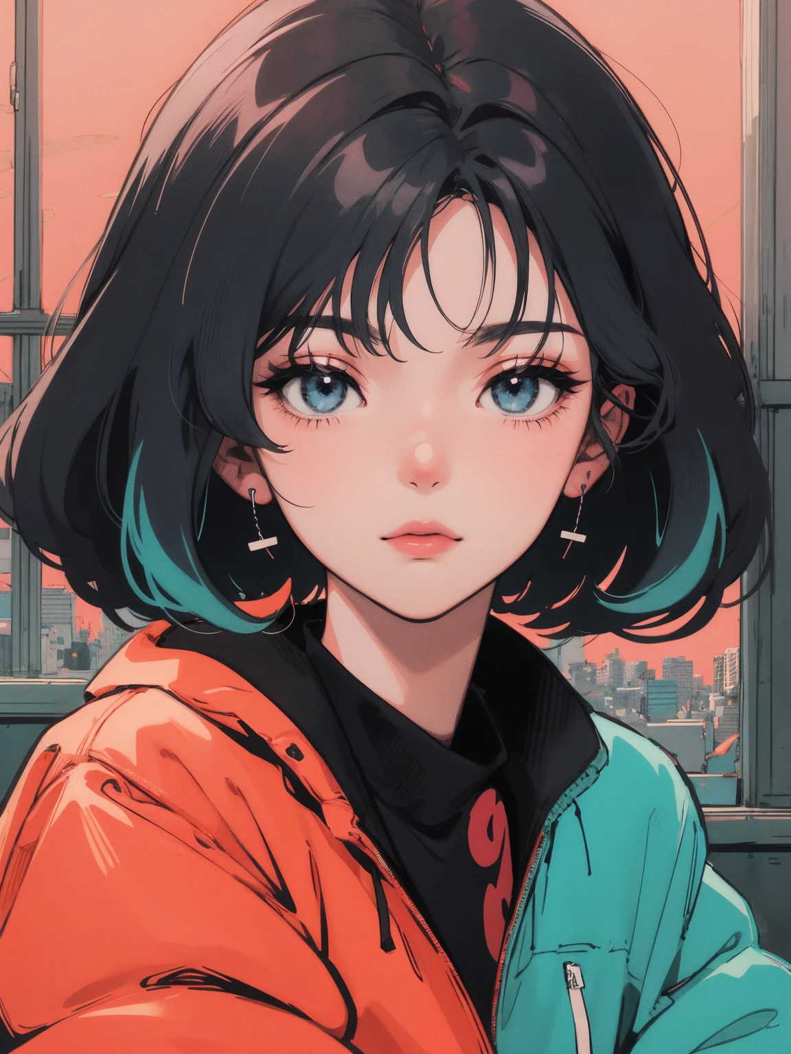 animé girl sitting on floor looking out window at city, animé aesthetic, animé vibes, art lofistyle, lo-fi portrait. animé, Fille noble, animé art wallpaper 4 k, animé art wallpaper 4k, animé art wallpaper 8 k, animé background art, Couleur Lofi, art lofi, animé asthetic, cheveux bob, Ville de nuit, Tokyo, journée humide, parapluie