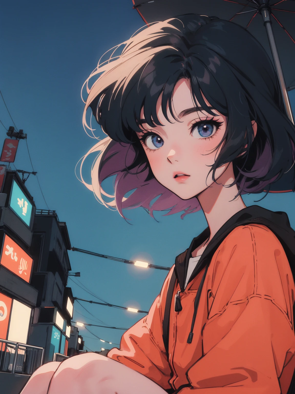 animé girl sitting on floor looking out window at city, animé aesthetic, animé vibes, art lofistyle, lo-fi portrait. animé, Fille noble, animé art wallpaper 4 k, animé art wallpaper 4k, animé art wallpaper 8 k, animé background art, Couleur Lofi, art lofi, animé asthetic, cheveux bob, Ville de nuit, Tokyo, journée humide, parapluie