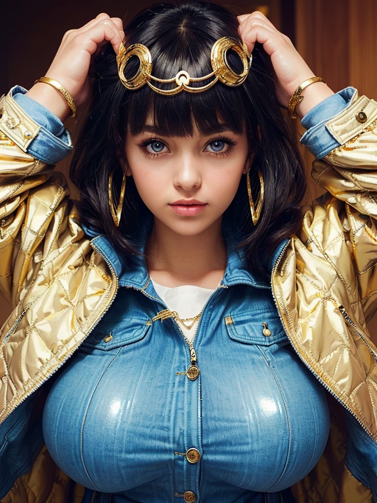 (oiled girl with amazing moist:1.5),(gigantic breasts:1.4),( big circle patterns small jacket:1.5), (beautiful eyes:1.3),(beautiful shiny hair:1.3),(bangs:1.2),(near marge:1.5),(most loop face :1.3),(beautiful shiny skin:1.5),(gold shiny hair:1.3)